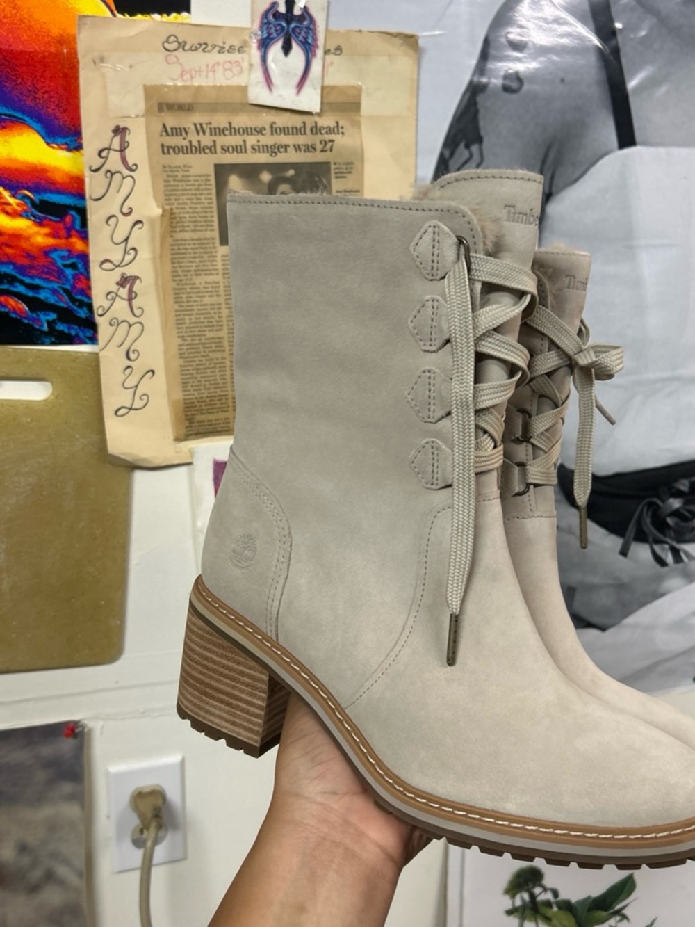 Timberland Women's Light Beige Lace-Up Block Heel Ankle Boots